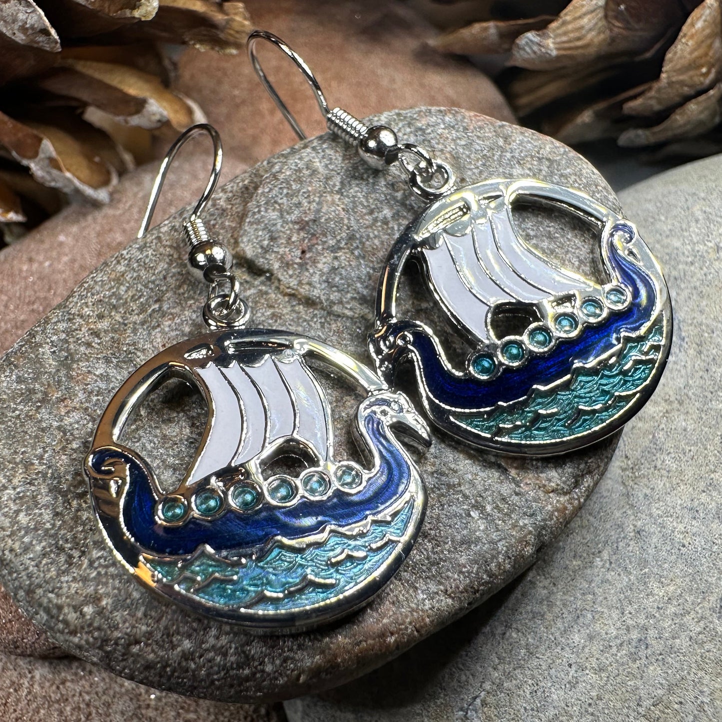 Oslo Viking Longship Enamel Earrings - Norse Jewelry