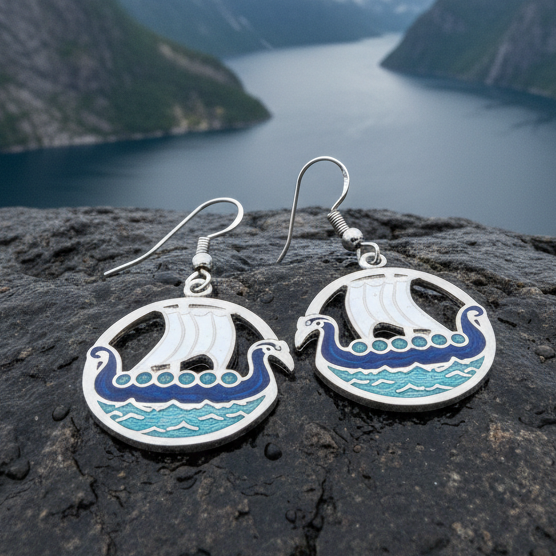 Oslo Viking Longship Enamel Earrings - Norse Jewelry