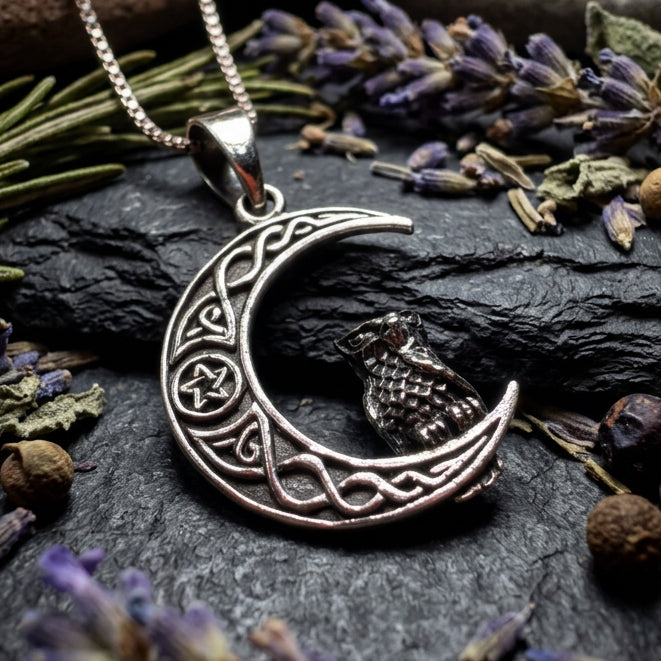 Eagna Mystical Owl Moon Necklace in Sterling Silver