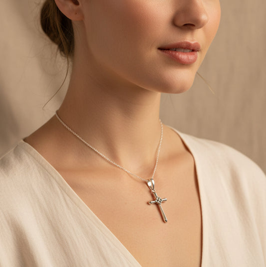 Petite Simplicity Marcasite Cross Necklace in Sterling Silver