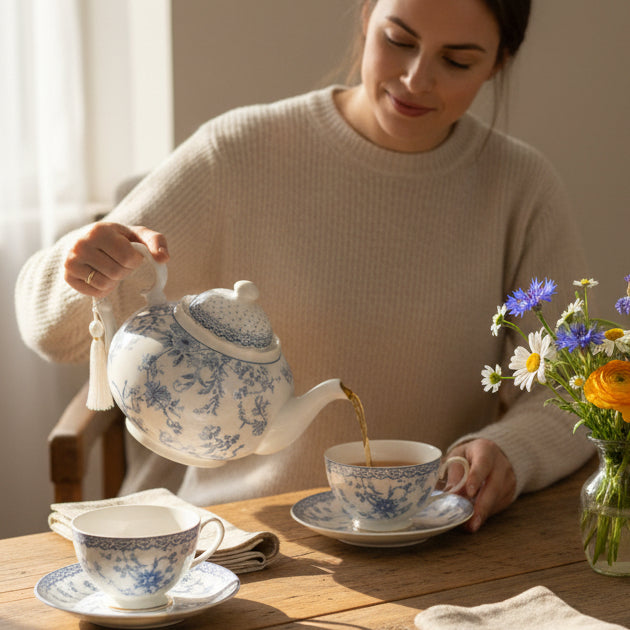 Vintage Style Blue Flowers Fine China Teapot