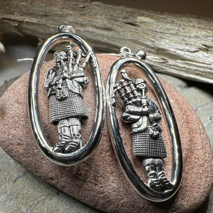 Tartan Bagpiper Earrings in Sterling Silver