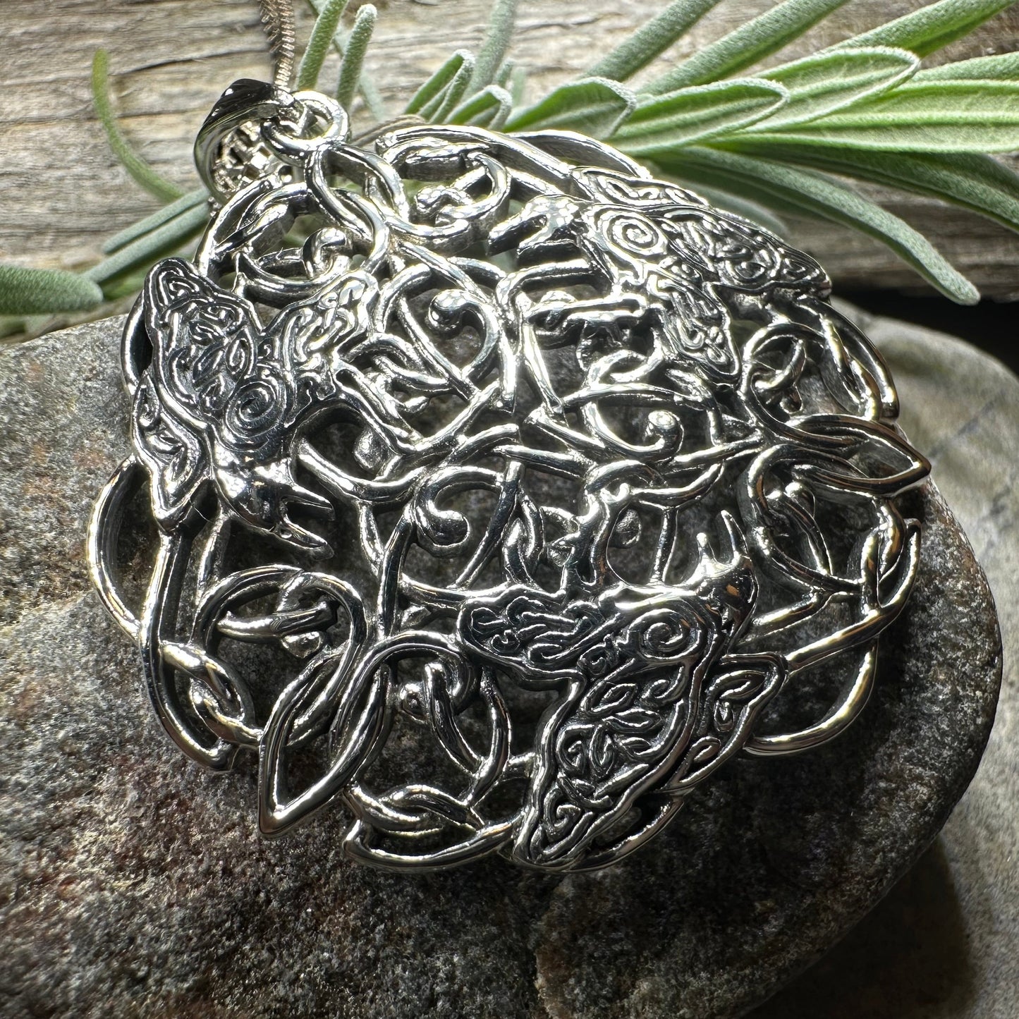 Pictish Triple Celtic Raven Necklace in Sterling Silver