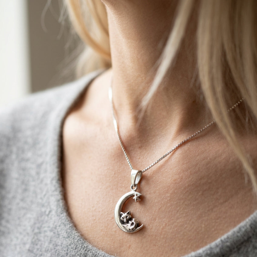 Fox on the Moon Necklace in Sterling Silver