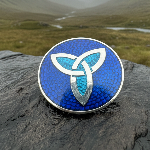 Blue Enamel Celtic Trinity Knot Brooch in pewter