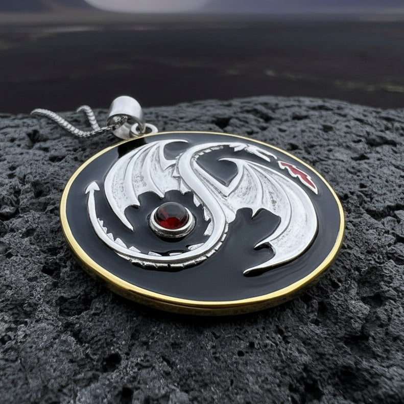 Dragon Yin Yang Garnet Necklace in Sterling Silver