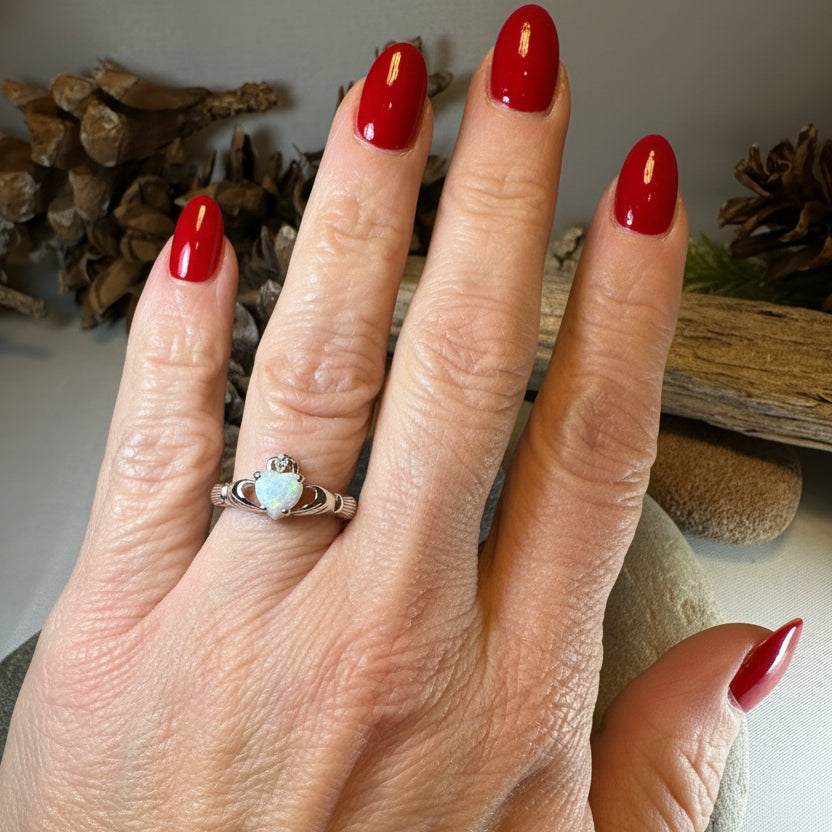 White Fire Opal Irish Claddagh Ring in Sterling Silver