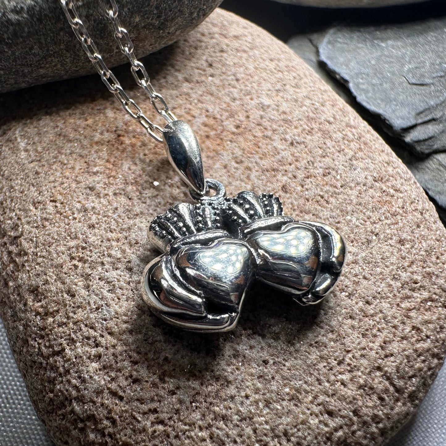 Croi Double Heart Irish Claddagh Necklace in Sterling Silver