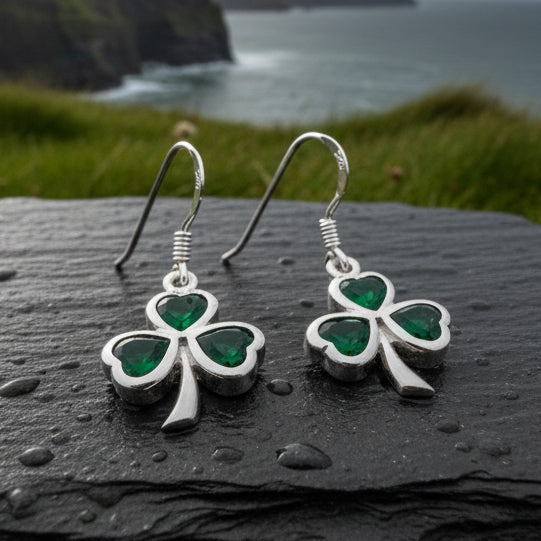 Sparkle Emerald Irish Shamrock Earrings in Sterling Silver