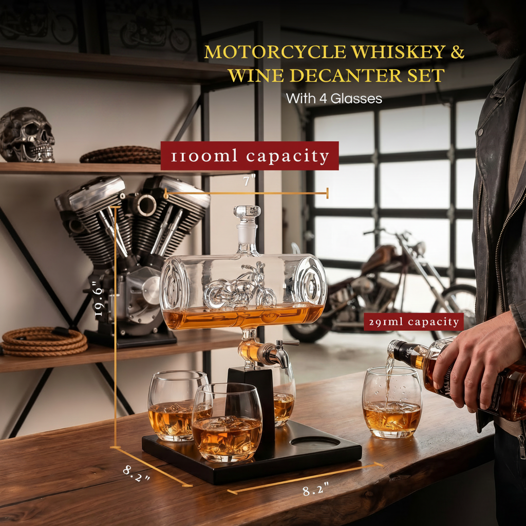 Motorcycle Decanter Whiskey Decanter Set with 4 Whiskey Glasses