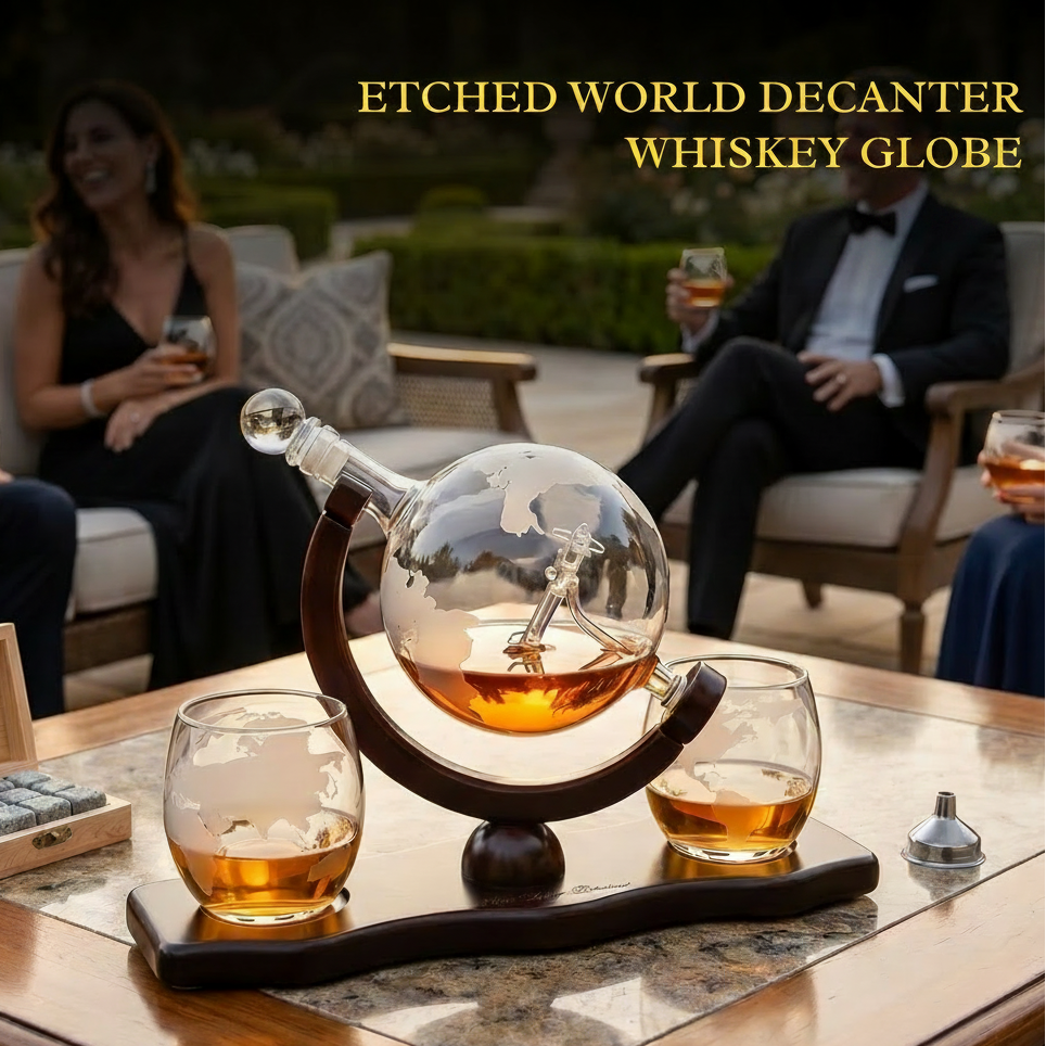 Etched World & Airplane Decanter with Whiskey Stones & Two Glasses