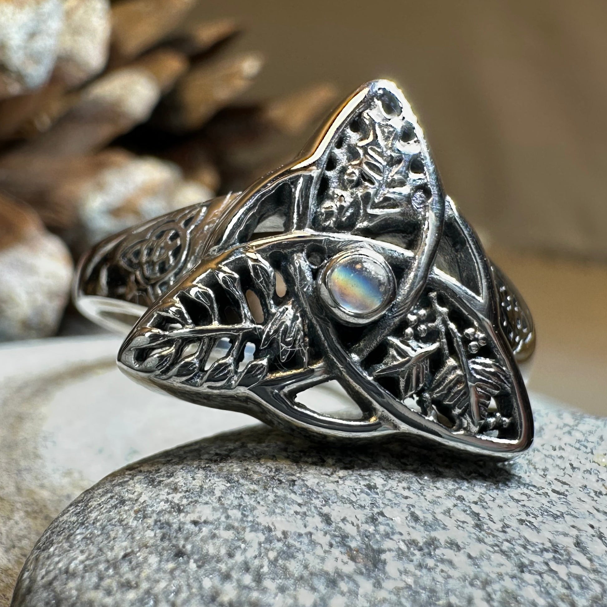 Oak Ash Thorn Moonstone Ring in Sterling Silver — view 10