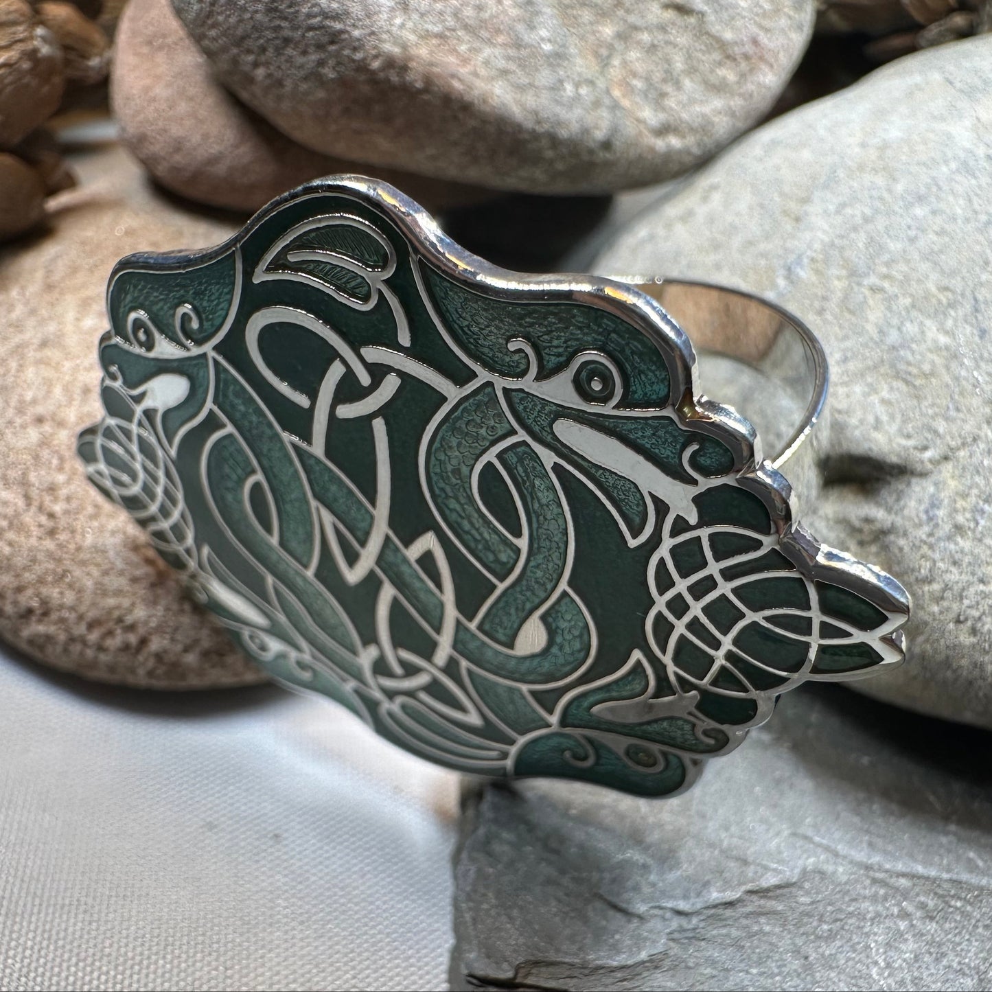 Enamel Celtic Green Dragons Scarf Ring