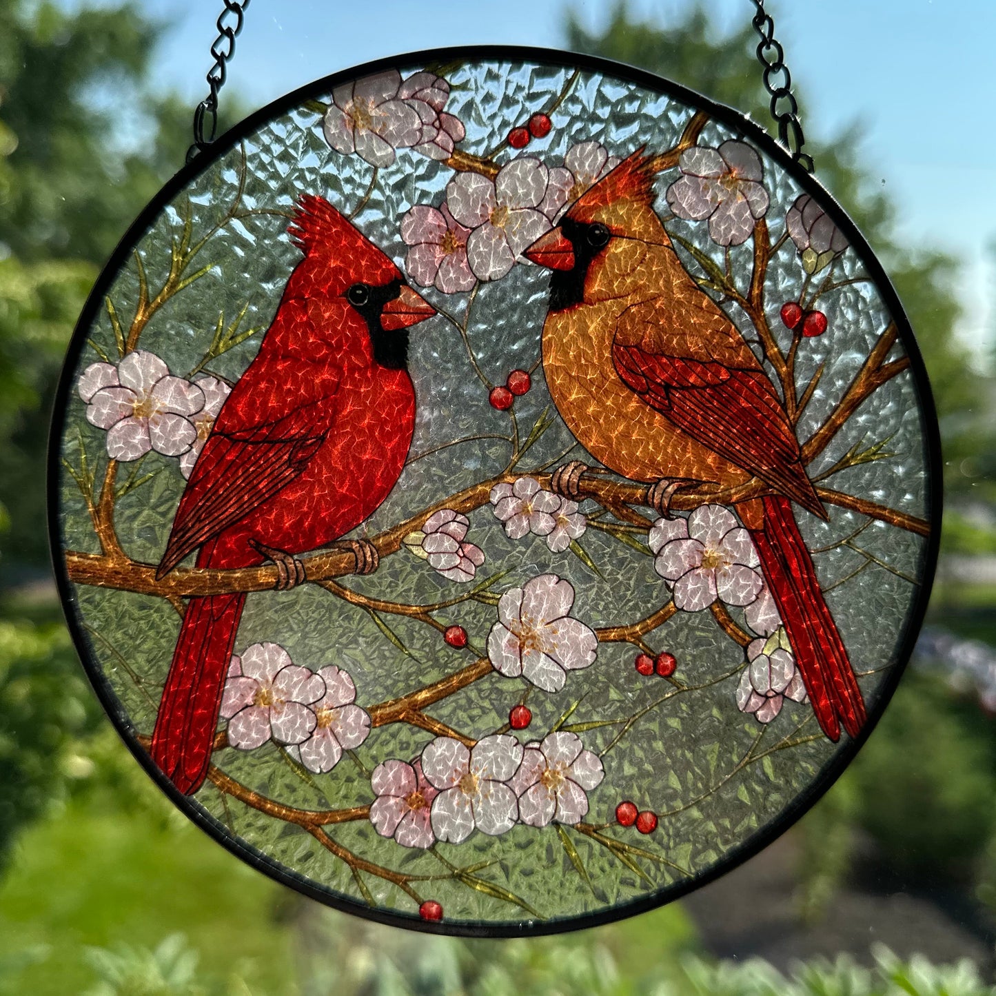 Cherry Blossom Cardinal Couple Suncatcher