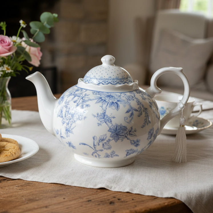 Vintage Style Blue Flowers Fine China Teapot