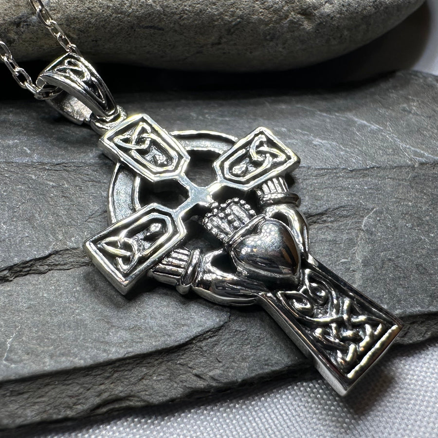 Galway Irish Claddagh Cross Necklace in Sterling Silver