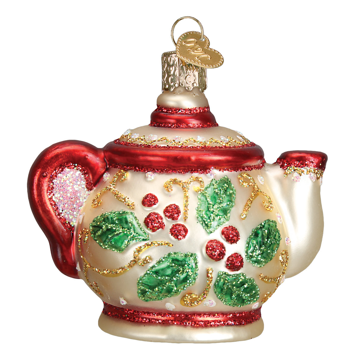 Old World Style Holly Teapot Ornament