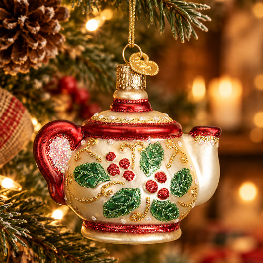 Old World Style Holly Teapot Ornament — view 4