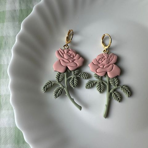 Load image into Gallery viewer, Long Stem Pink Roses Dangle Earrings for Women
