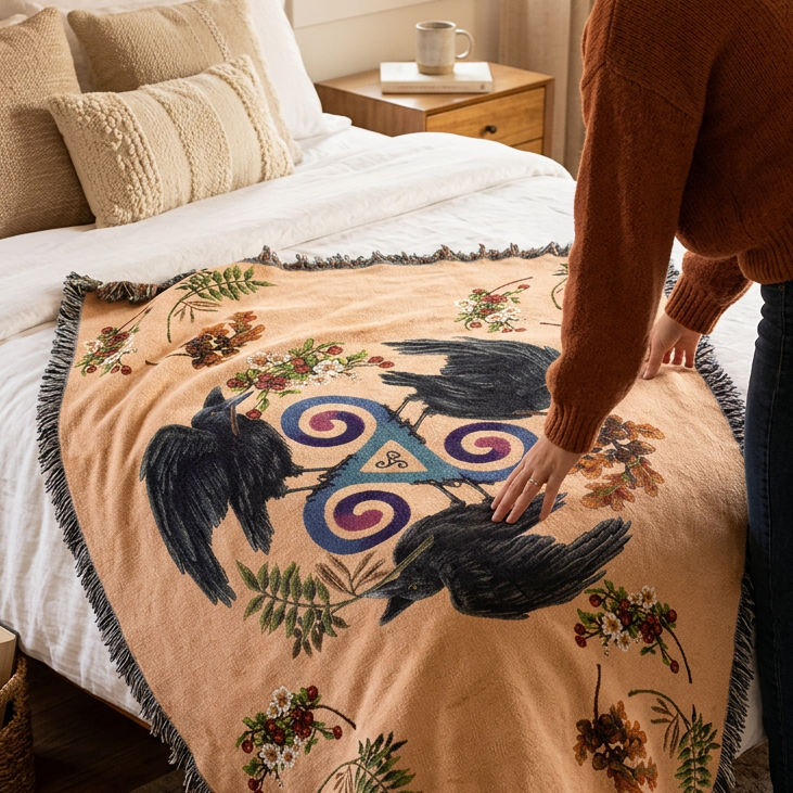 Celtic Spiral Ravens Cotton Blanket - Handmade in North Carolina