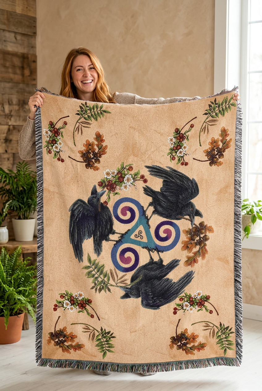 Celtic Spiral Ravens Cotton Blanket - Handmade in North Carolina