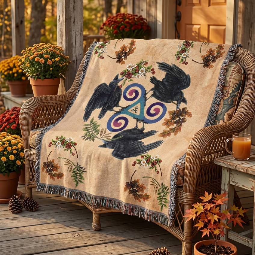 A woven throw blanket with a natural beige background, featuring three black birds, brown and white floral motifs, and a central blue and purple spiral triquetra symbol. The blanket has dark gray fringe on all sides and is photographed flat against a white background.