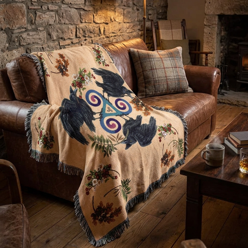 A woven throw blanket with a natural beige background, featuring three black birds, brown and white floral motifs, and a central blue and purple spiral triquetra symbol. The blanket has dark gray fringe on all sides and is photographed flat against a white background.