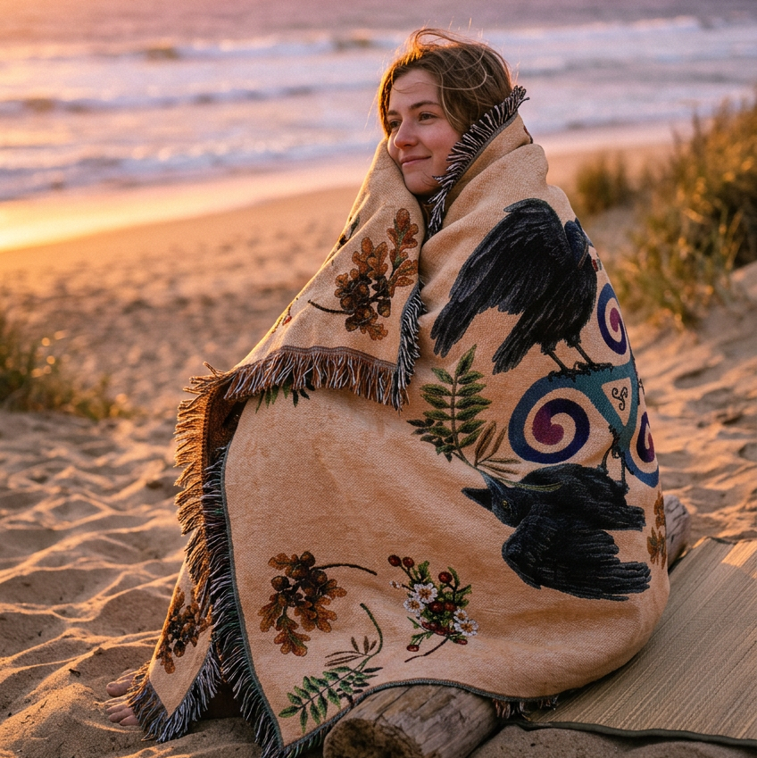 A woven throw blanket with a natural beige background, featuring three black birds, brown and white floral motifs, and a central blue and purple spiral triquetra symbol. The blanket has dark gray fringe on all sides and is photographed flat against a white background.