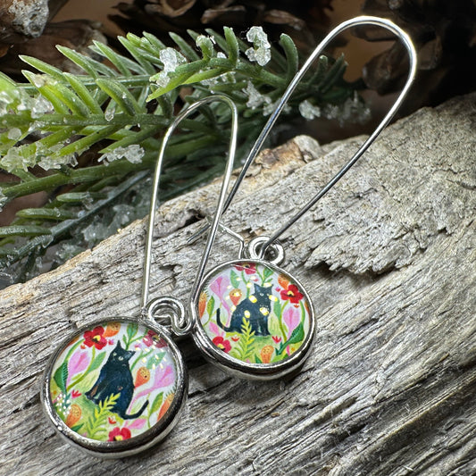 Garden Black Cat Art Earrings