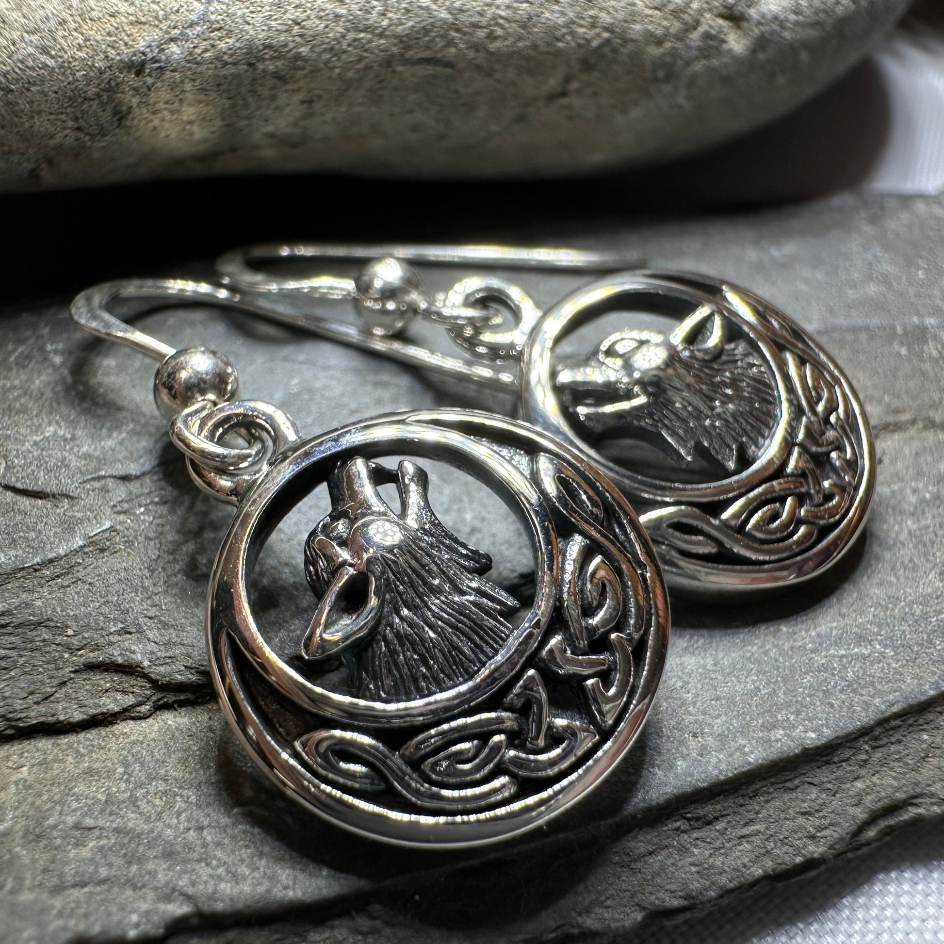 Celtic Wolf Spirit Earrings in Sterling Silver — view 5