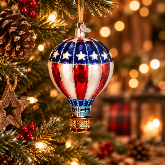 Patriotic Hot Air Balloon Ornament - Handblown Glass