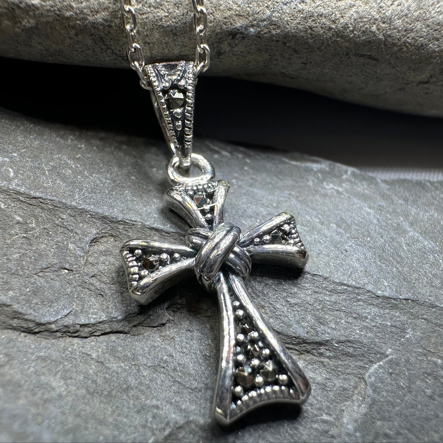 Elowen Marcasite Cross Necklace in Sterling Silver