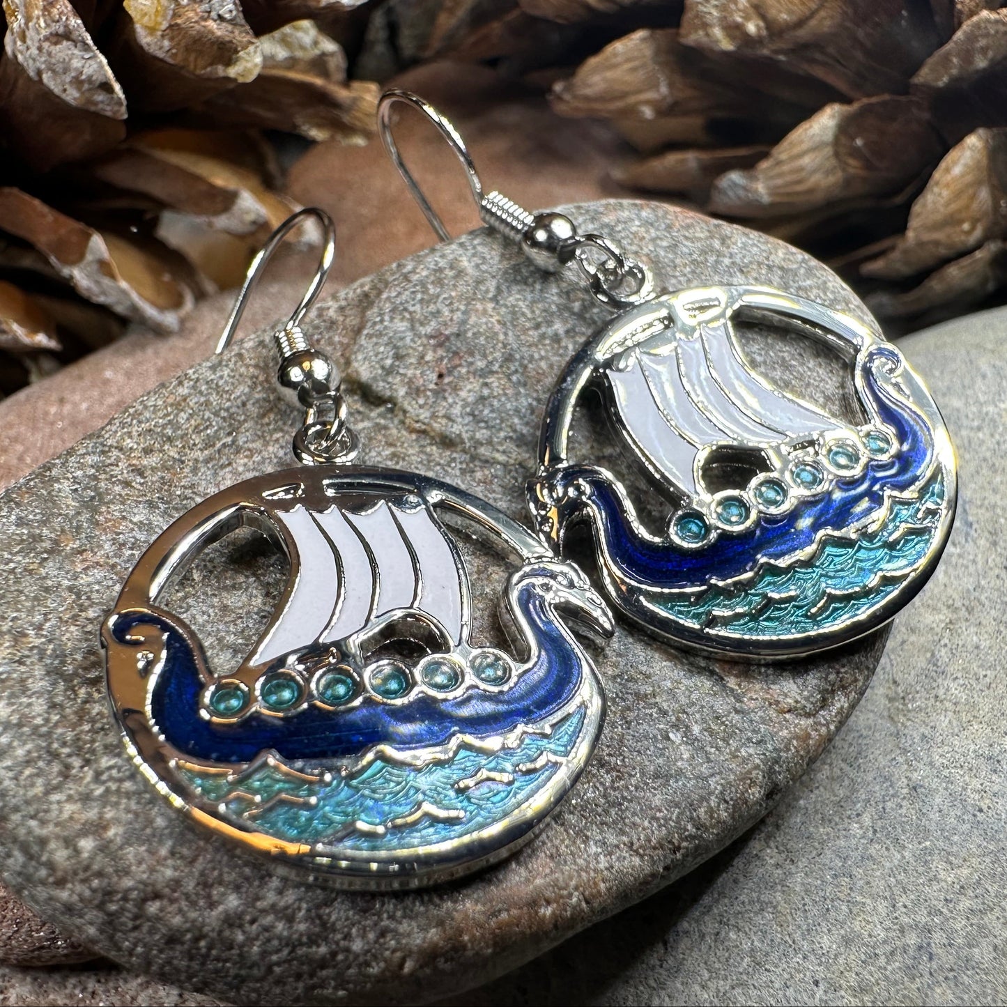 Oslo Viking Longship Enamel Earrings - Norse Jewelry