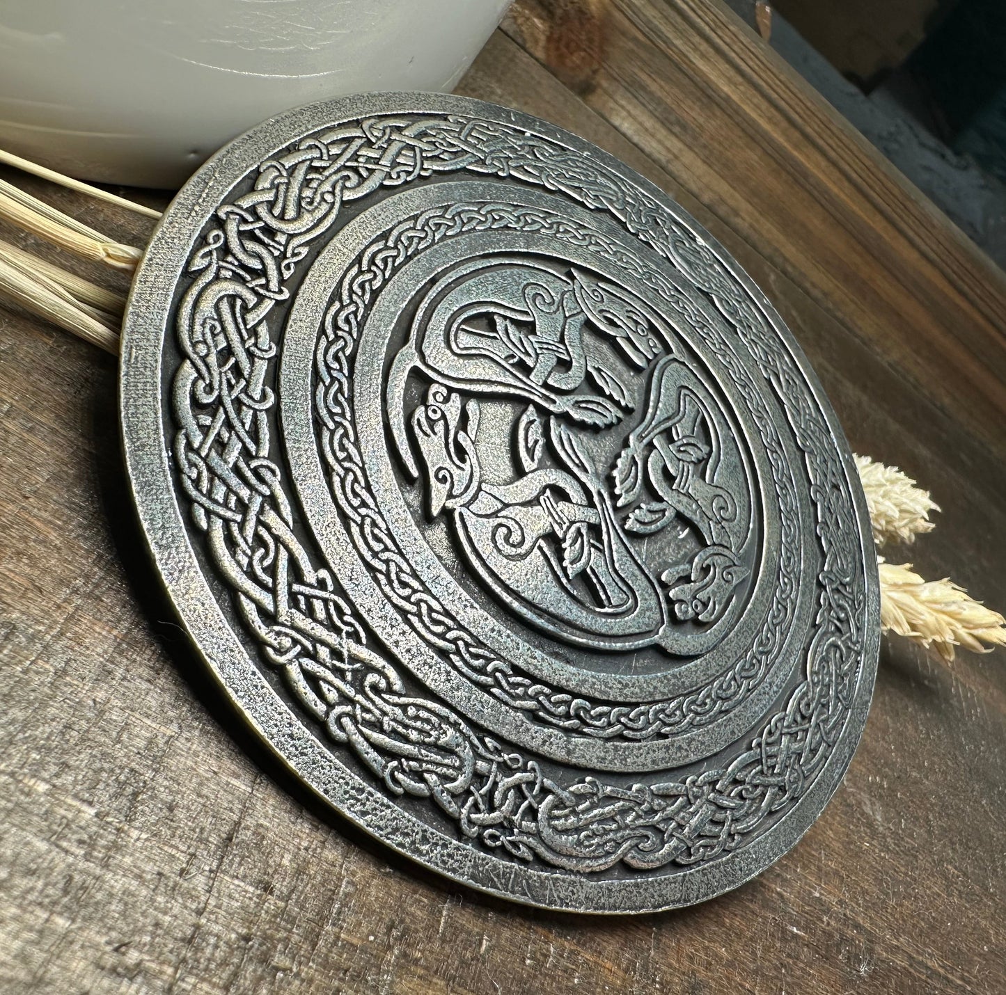 Round Celtic Hounds Kilt Belt Buckle - Handmade in Scotland