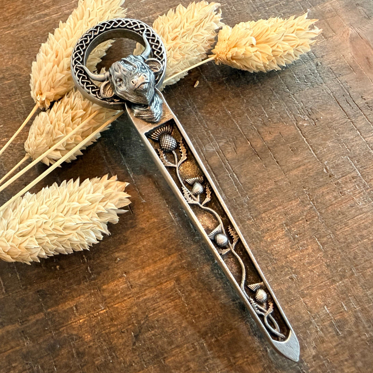 Celtic Highland Cow Thistle Kilt Pin - Handmade in Scotland