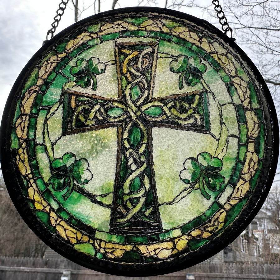 Shamrock Celtic Cross Stained Glass Gift