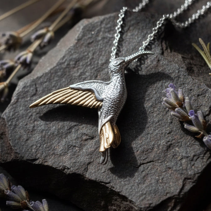 Golden Wing Hummingbird Necklace in Sterling Silver