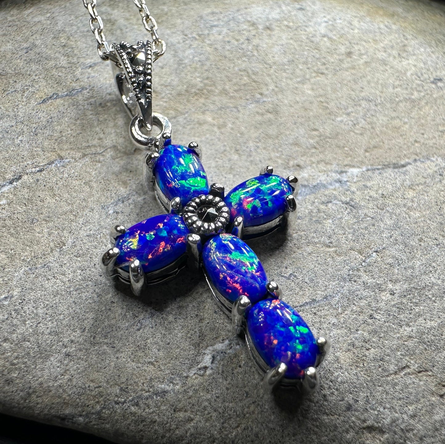 Rhosyn Opal Cross Necklace in Sterling Silver