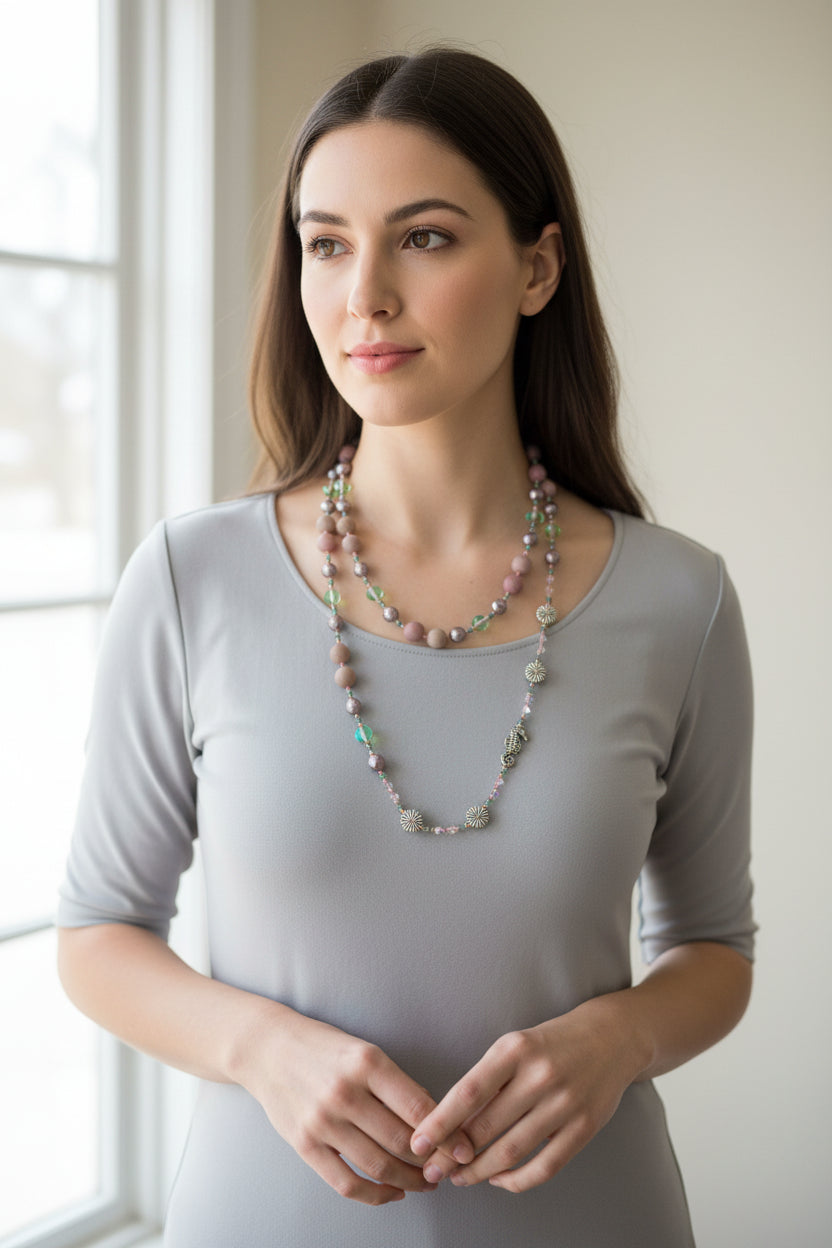 Pink Seahorse Blossom Long Necklace