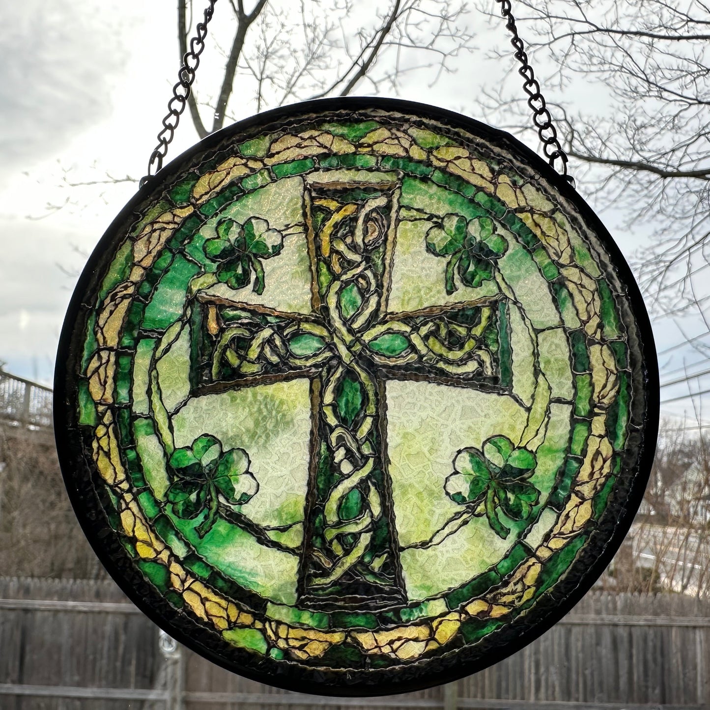 Irish Shamrock Celtic Cross Stained Glass Gift
