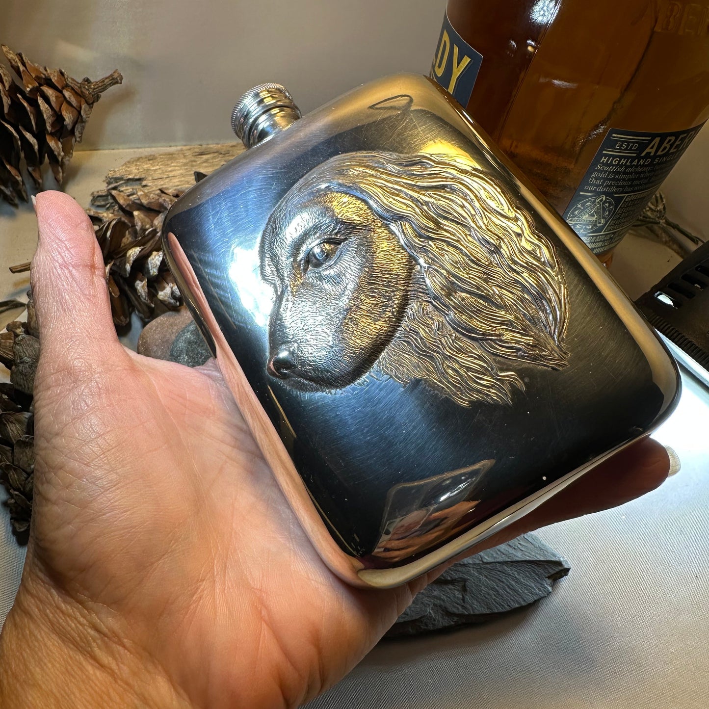 Faithful Friend Spaniel Pewter Hip Flask - Handmade in England