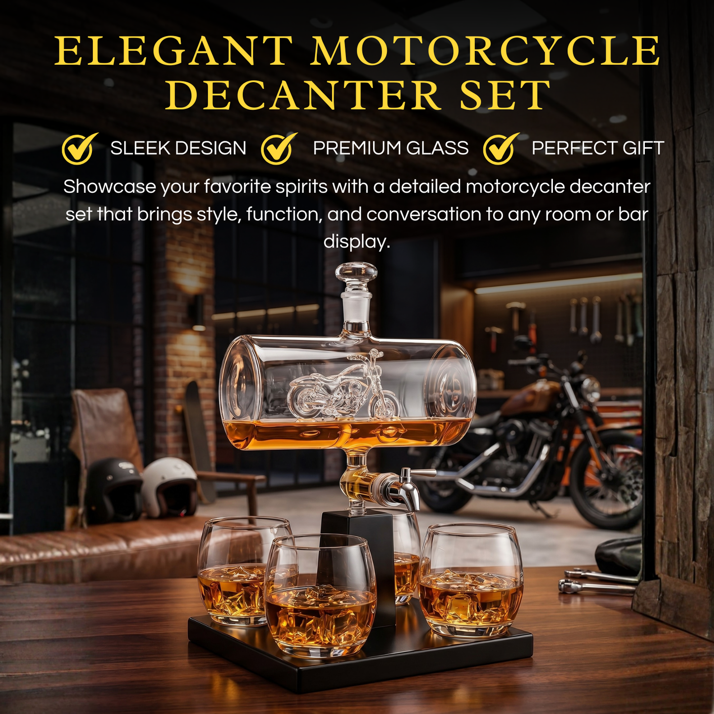 Motorcycle Decanter Whiskey Decanter Set with 4 Whiskey Glasses