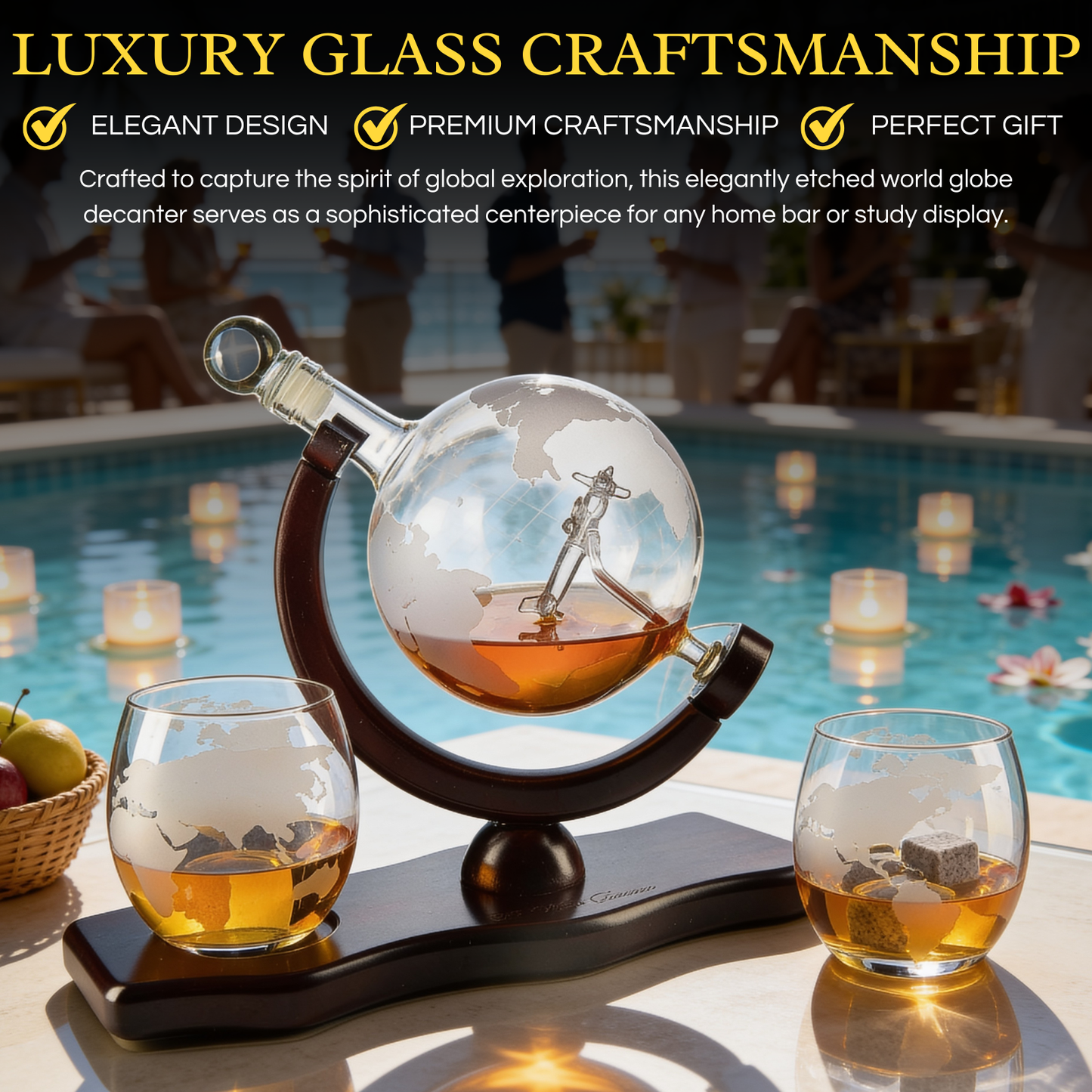 Etched World & Airplane Decanter with Whiskey Stones & Two Glasses