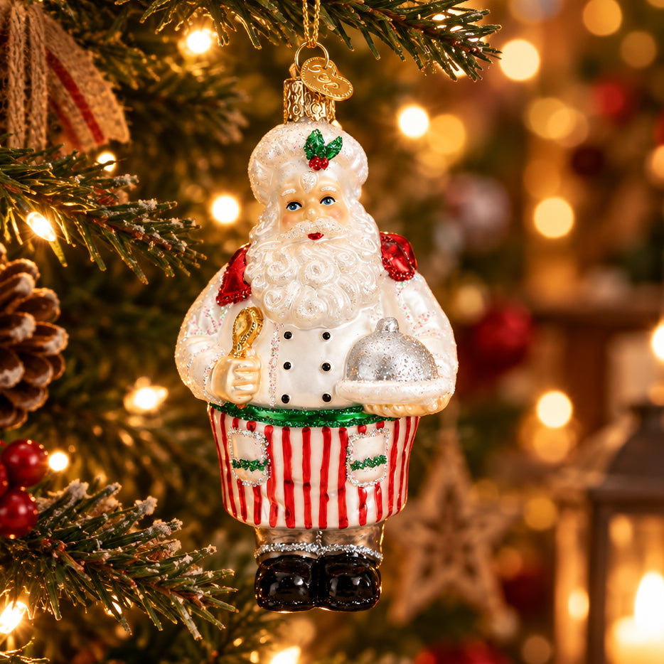 Chef Santa Ornament - Handblown Glass
