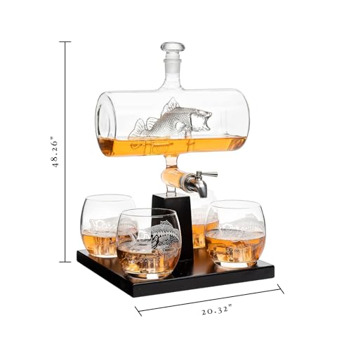 Bass Fish Wine Whiskey Decanter Set with 4 Bass Whiskey Glasses