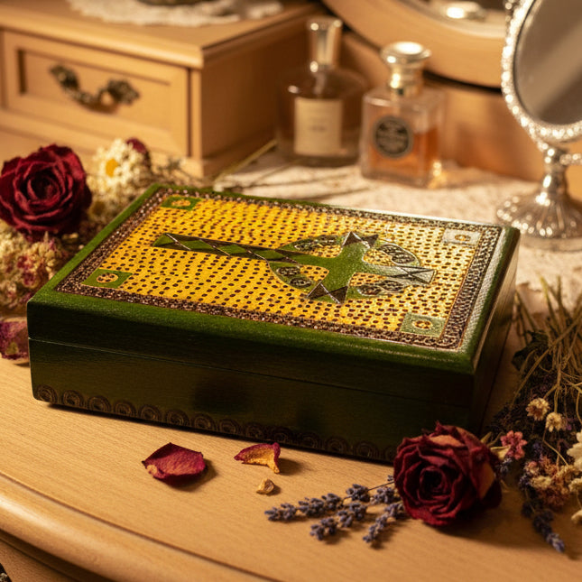 Green Celtic Cross Keepsake Box - Handmade Wooden Box