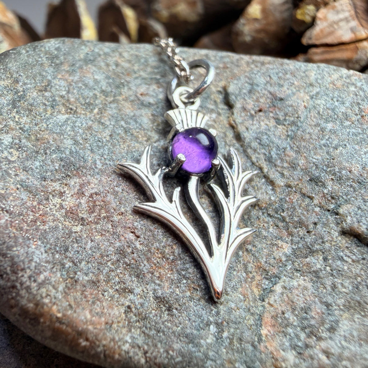 Petite Jacobite Scottish Thistle Amethyst Necklace in Sterling Silver
