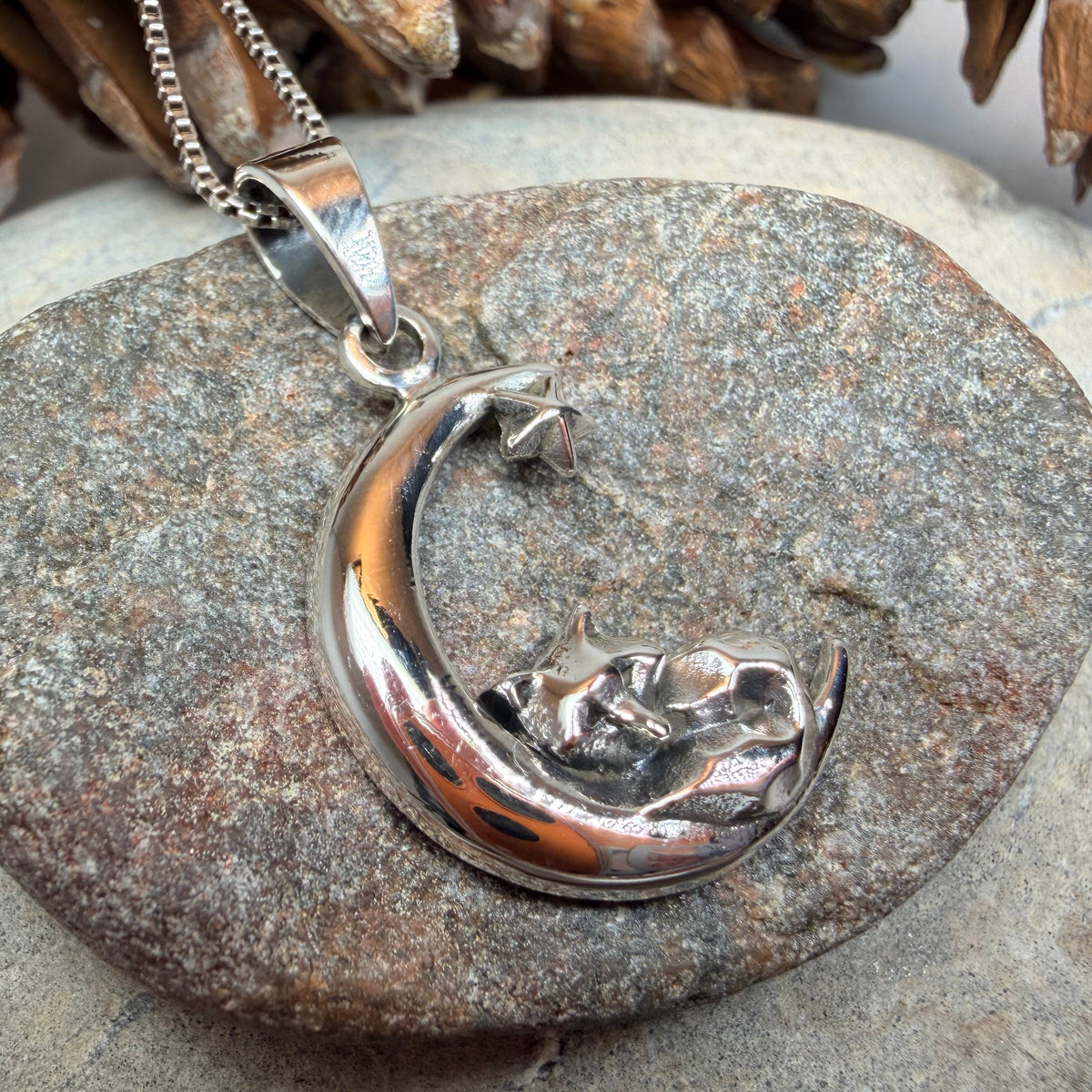 Fox on the Moon Necklace in Sterling Silver