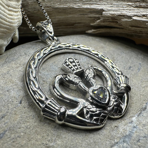 Load image into Gallery viewer, Celtic Swan Claddagh Necklace in Sterling Silver
