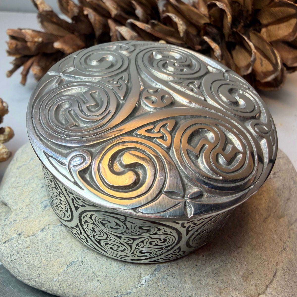 Round Celtic Triple Spiral Trinket Box  Handmade in Pewter